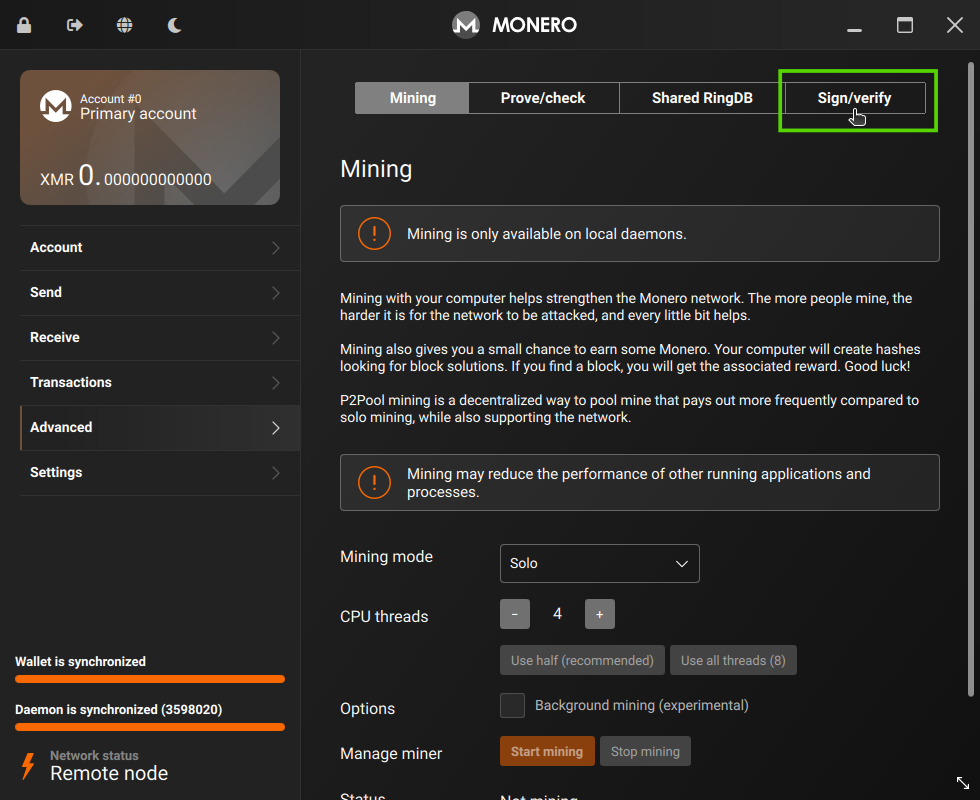 Monero GUI - Select Sign/Verify
