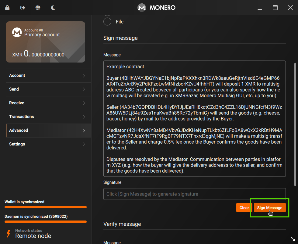 Monero GUI - Click Sign Message